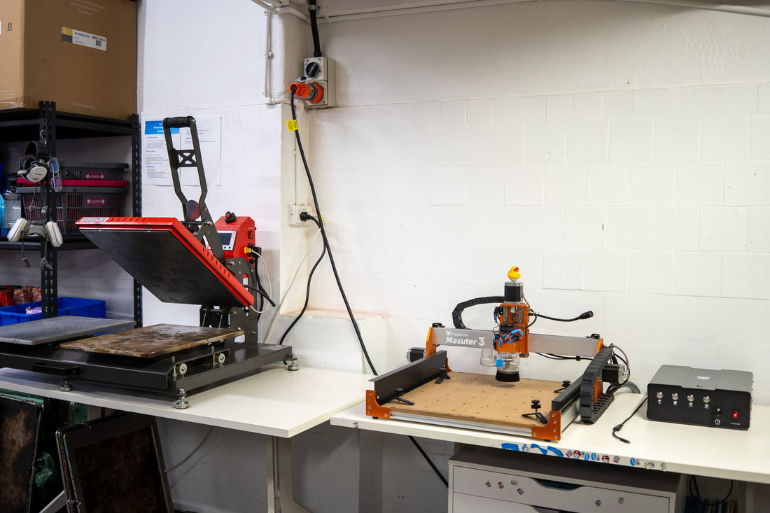 The MIR Press sheet press and FoxAlien Masuter 3 CNC router set up side by side in the Banish workshop