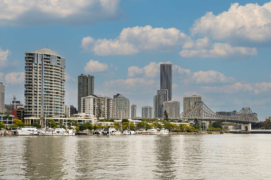 Brisbane city skyline and the Story Bridge seen across the Brisbane River