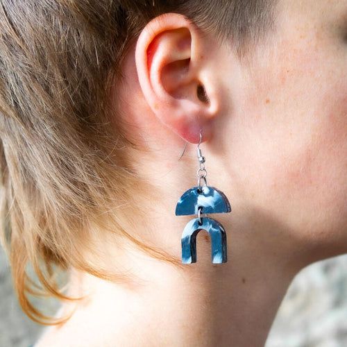 Aztec Earrings Made From Bottle Top Lids detail