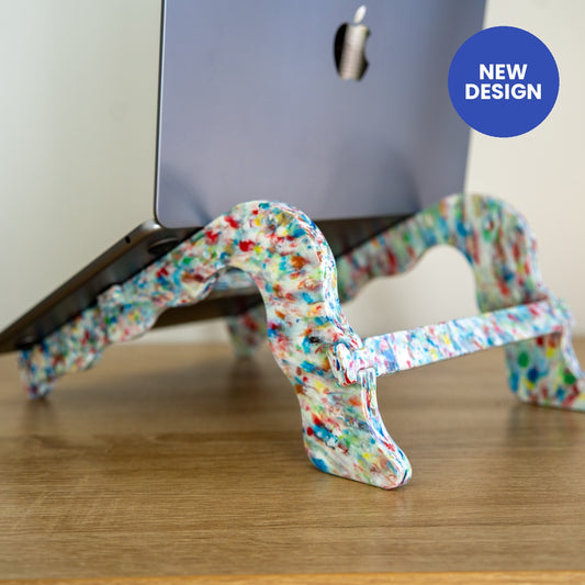 Tutti Frutti recycled laptop stand holding a laptop, new design