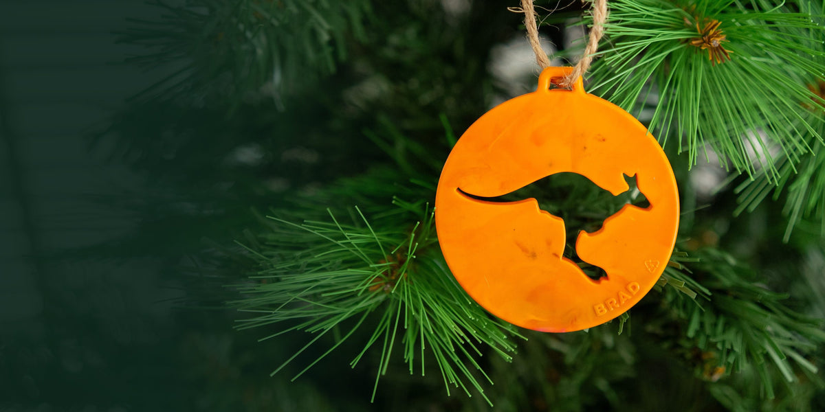 Recycled plastic kangaroo Christmas decoration hanging on a pine tree