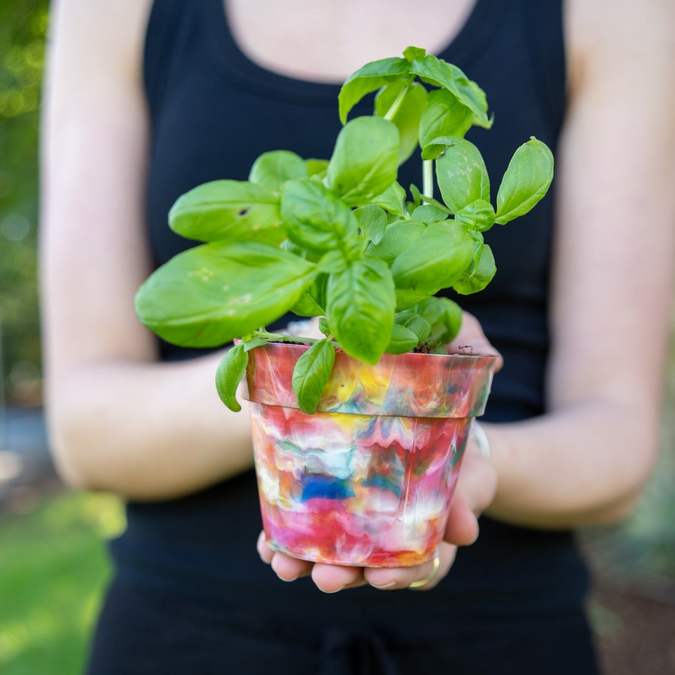 BRAD recycled plastic pot plant in Fruit Salad multicolour, limited edition sustainable planter made from 17 recycled milk bottle lids, held with a basil herb plant