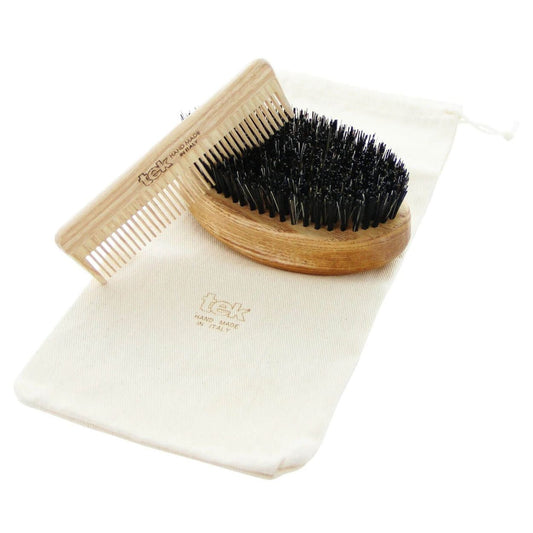 Small Oval Ash Wood Brush & Comb Twin Set with Cotton Bag